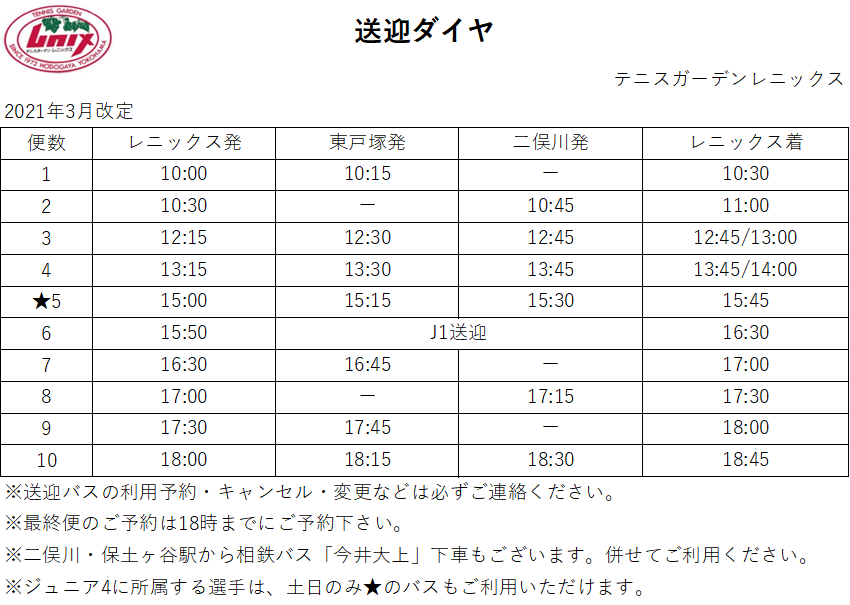 相鉄線二俣川駅と横須賀線東戸塚駅にあるレニックステニススクールの無料送迎バス